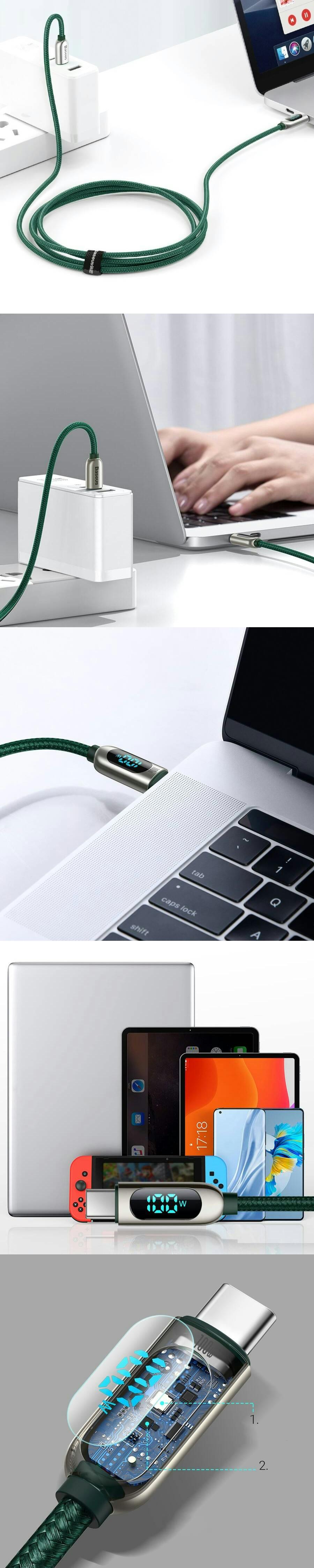 Cablu Date si Incarcare Baseus Display, USB Type-C la USB Type-C Fast Charging, 1m, 100W, Verde